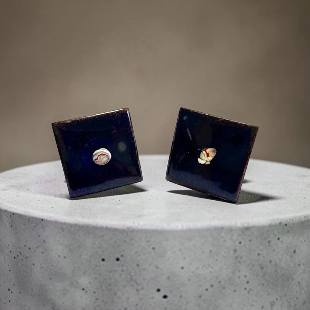 Vintage Mid Century Modern Copper and Blue Enamel Cufflinks Estate